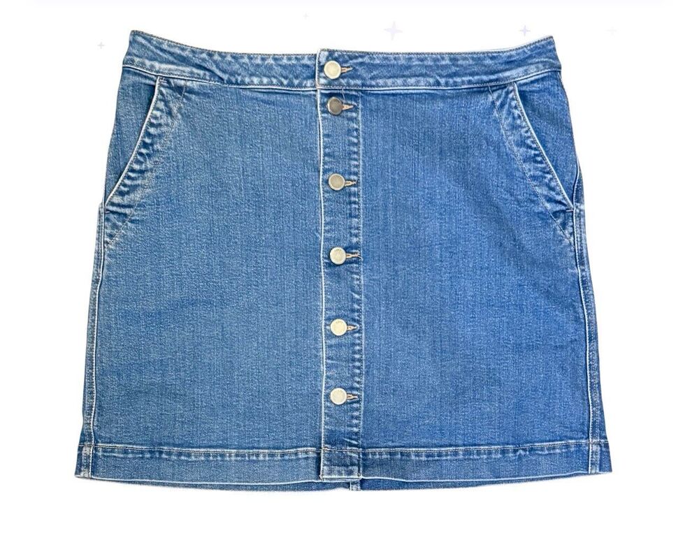Loft Button Front Denim Mini Skirt Sz. 18 Medium Wash Pockets Classic Preppy